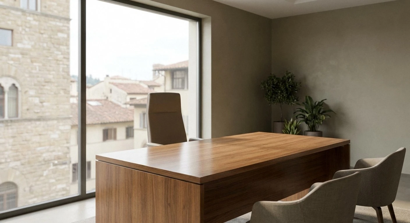 An empty modern office features a large wooden desk, three chairs, potted plants, and a window overlooking historic