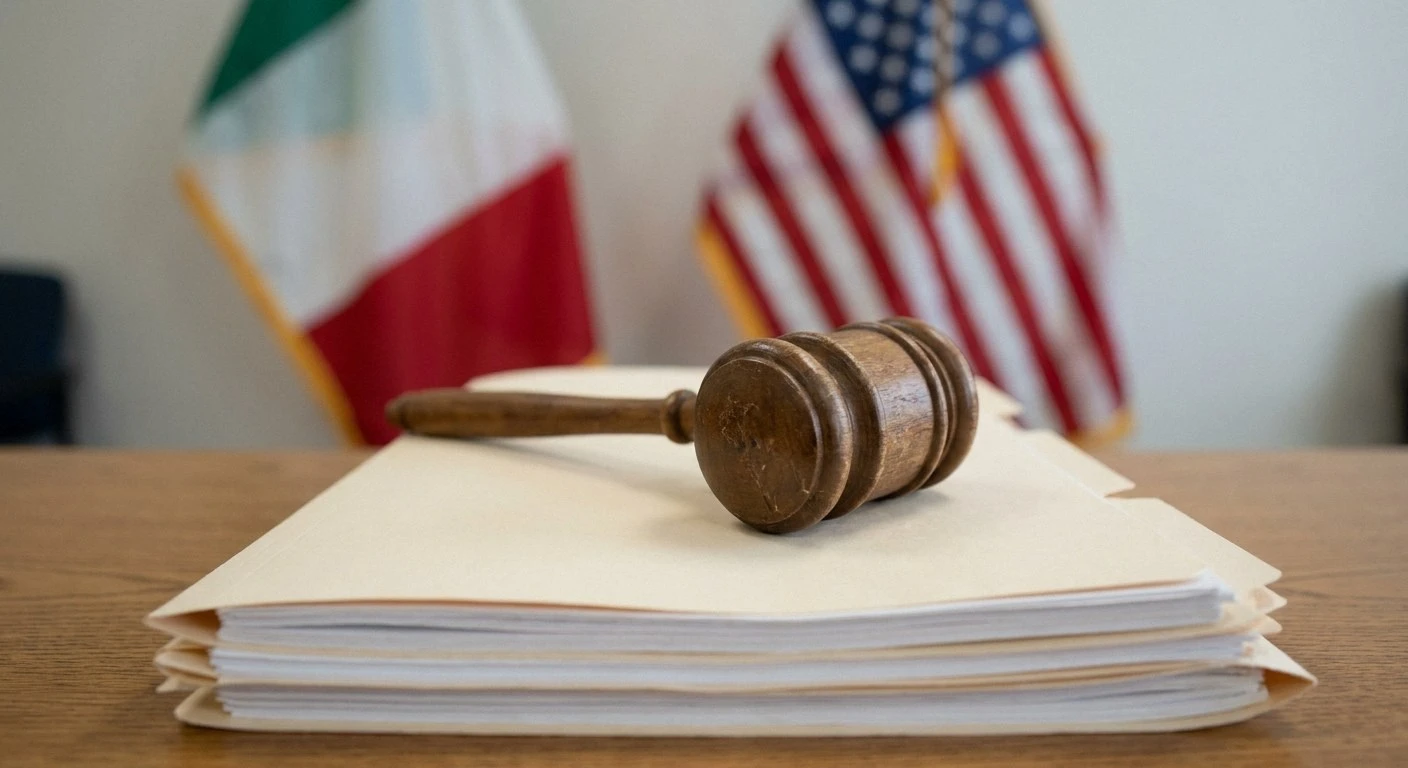 A wooden gavel rests horizontally on a stack of manila folders on a wooden desk. Blurred Italian and American flags are