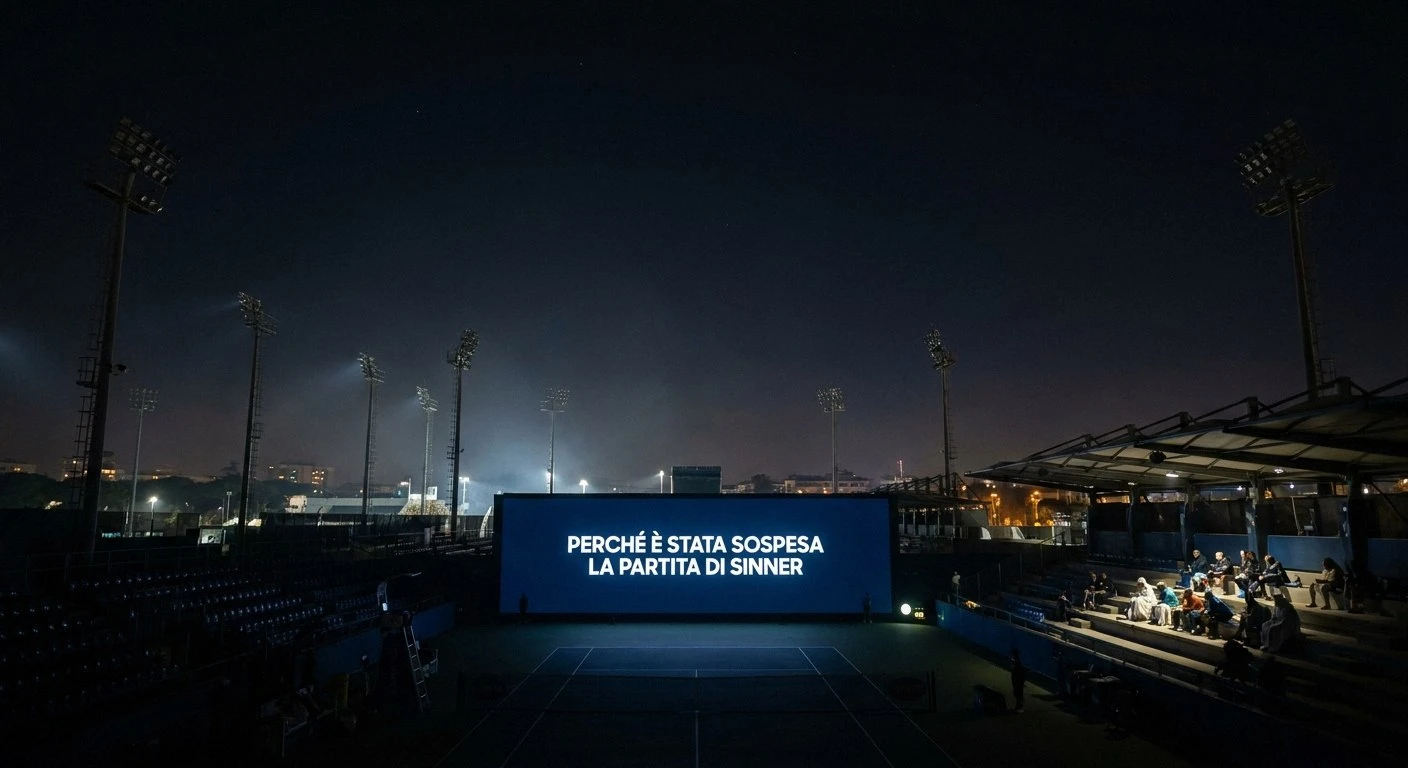 A wide view of a tennis court at night with a large glowing screen showing 'PERCHÉ È STATA SOSPESA LA PARTITA DI